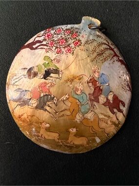 Vintage Persian Hand Painted Mother of Pearl Polo Scene Shell Pendant